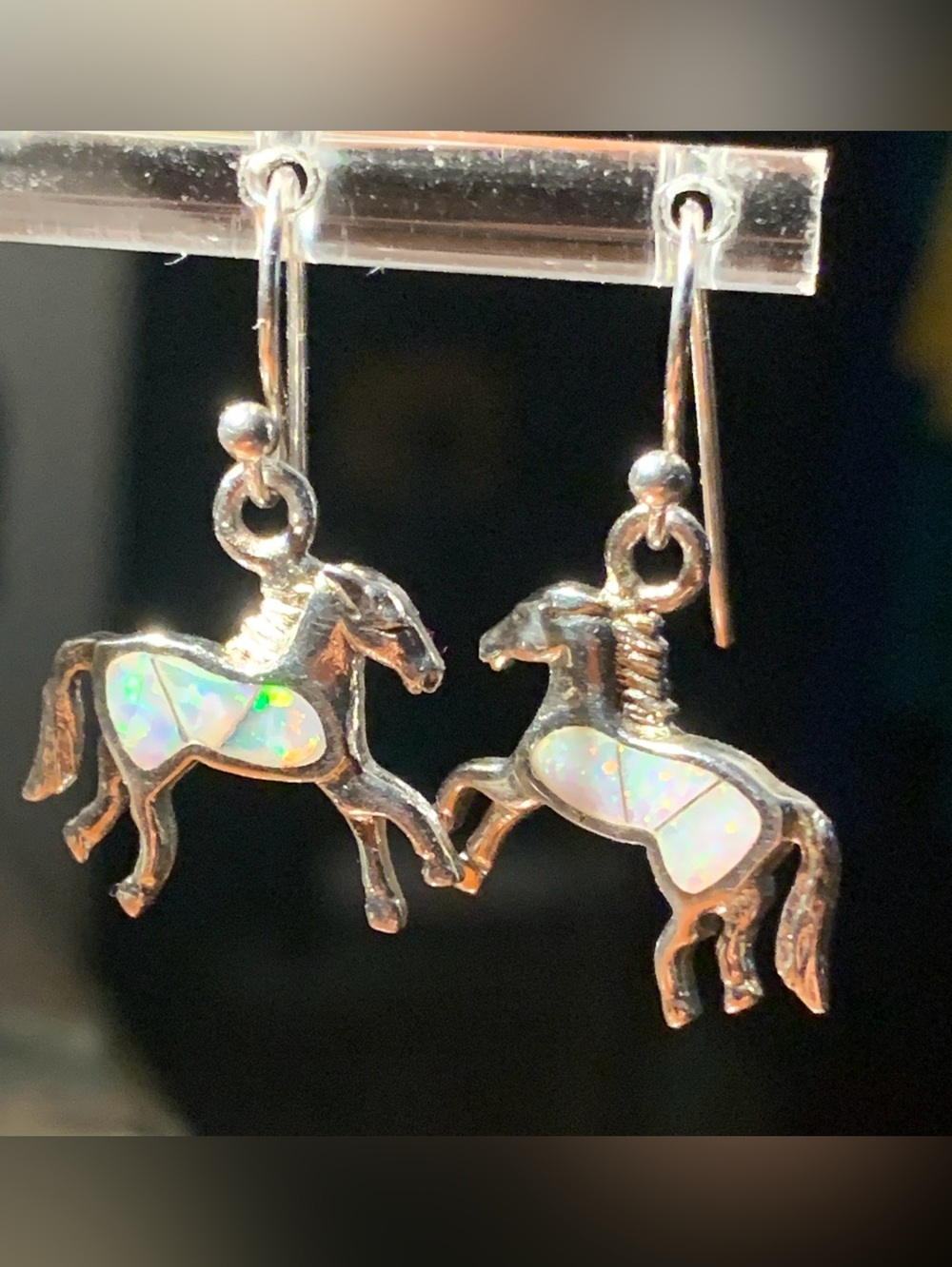 Native American Sterling Opal Inlay Horse Dangle Earrings